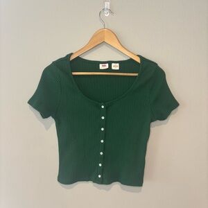 LEVI’S Women’s Green Short Sleeve Ribbed Button Down Cropped Top Large